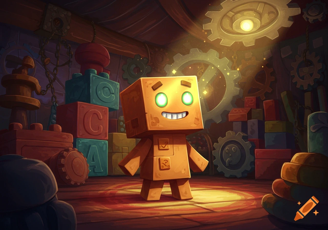 A blocky orange character with glowing green eyes and a wide smile stands in a dimly lit room filled with toy blocks and gears.