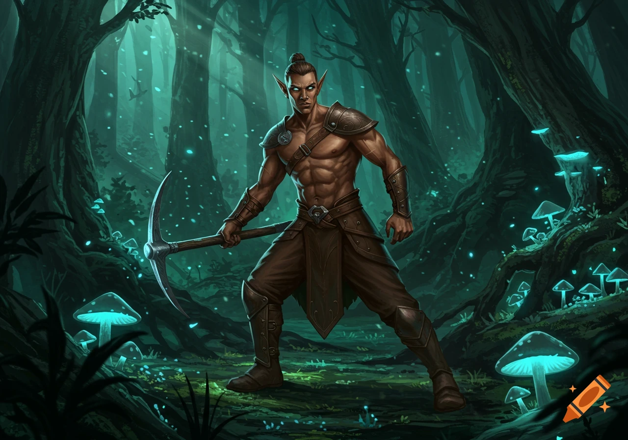 A muscular male elf with a pickaxe stands in a magical forest filled with glowing blue mushrooms, in a fantasy art style.