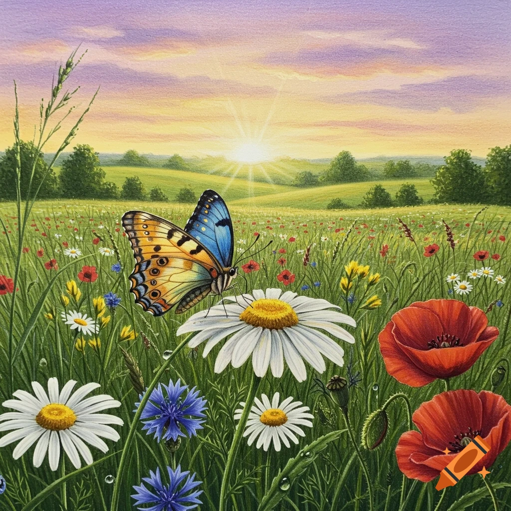 A vibrant colored pencil drawing of a butterfly on a white daisy in a field of colorful wildflowers at sunset.