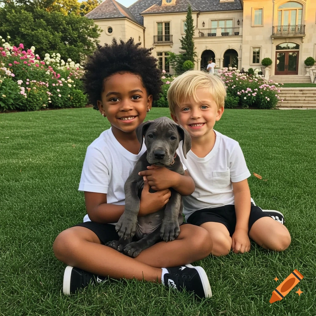 Two smiling boys, one with dark curly hair and the other blonde, sit on a green lawn with a grey Great Dane puppy in front of a large mansion.