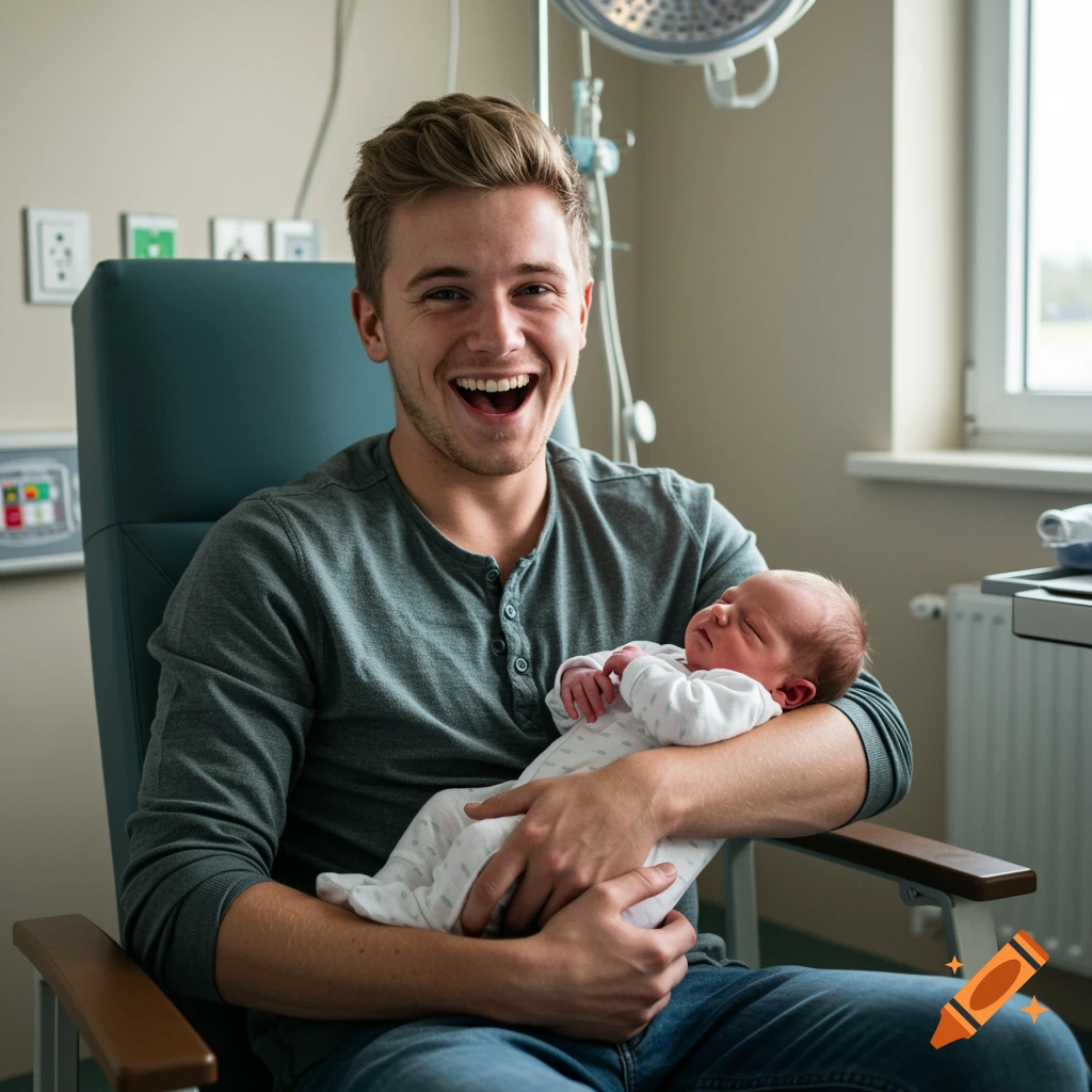 A smiling young man holds a sleeping newborn baby in a hospital room, looking at the camera.