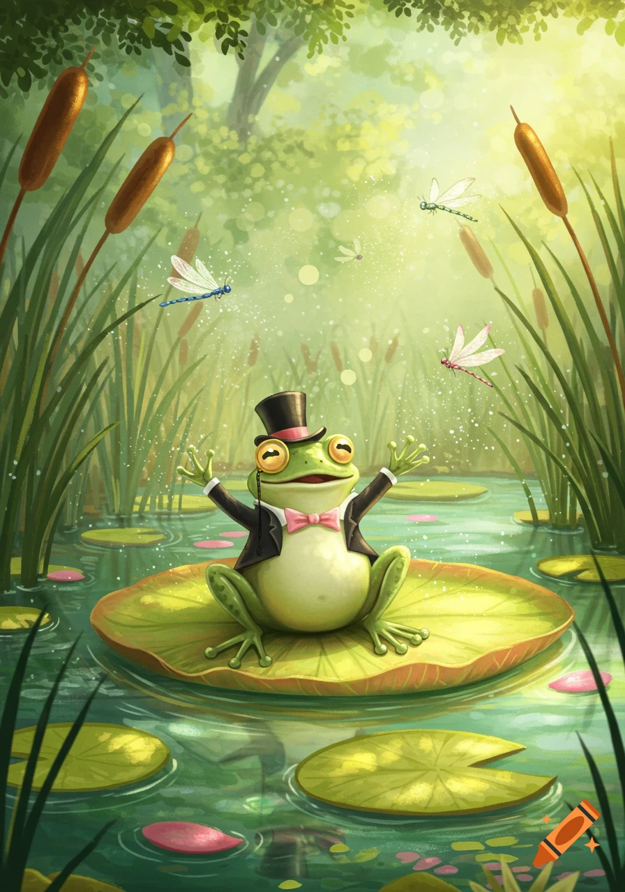 A cartoon frog wearing a top hat and a pink bow tie sits on a lily pad in a pond, surrounded by cat-tails and dragonflies, in a lush green forest.