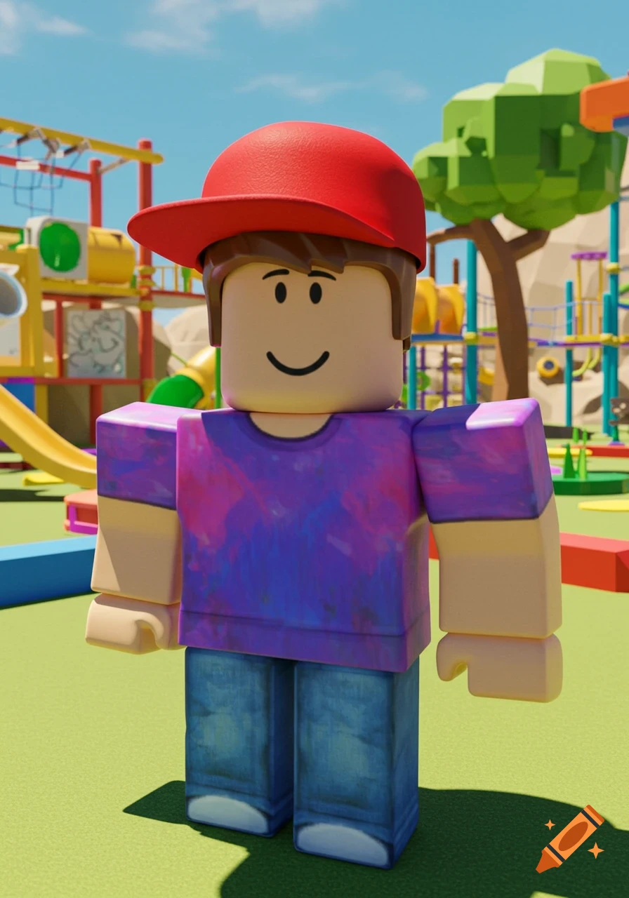 A blocky Roblox character wearing a red baseball cap, purple tie-dye shirt, and jeans stands in a sunny playground.