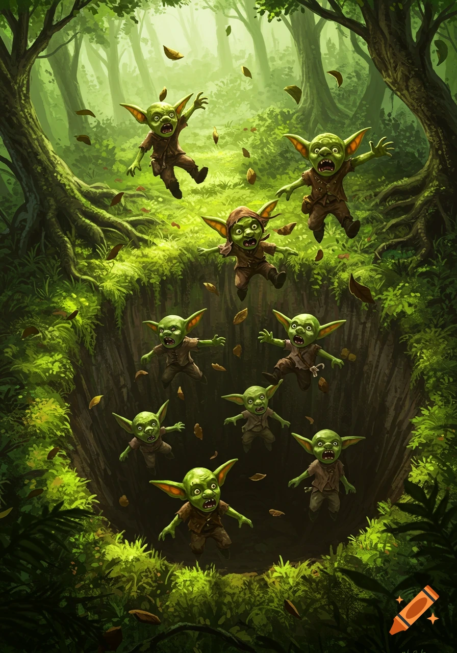 Multiple green goblins with ragged clothing fall into a deep, dark pit in a lush green forest with large trees and roots, stylized art.