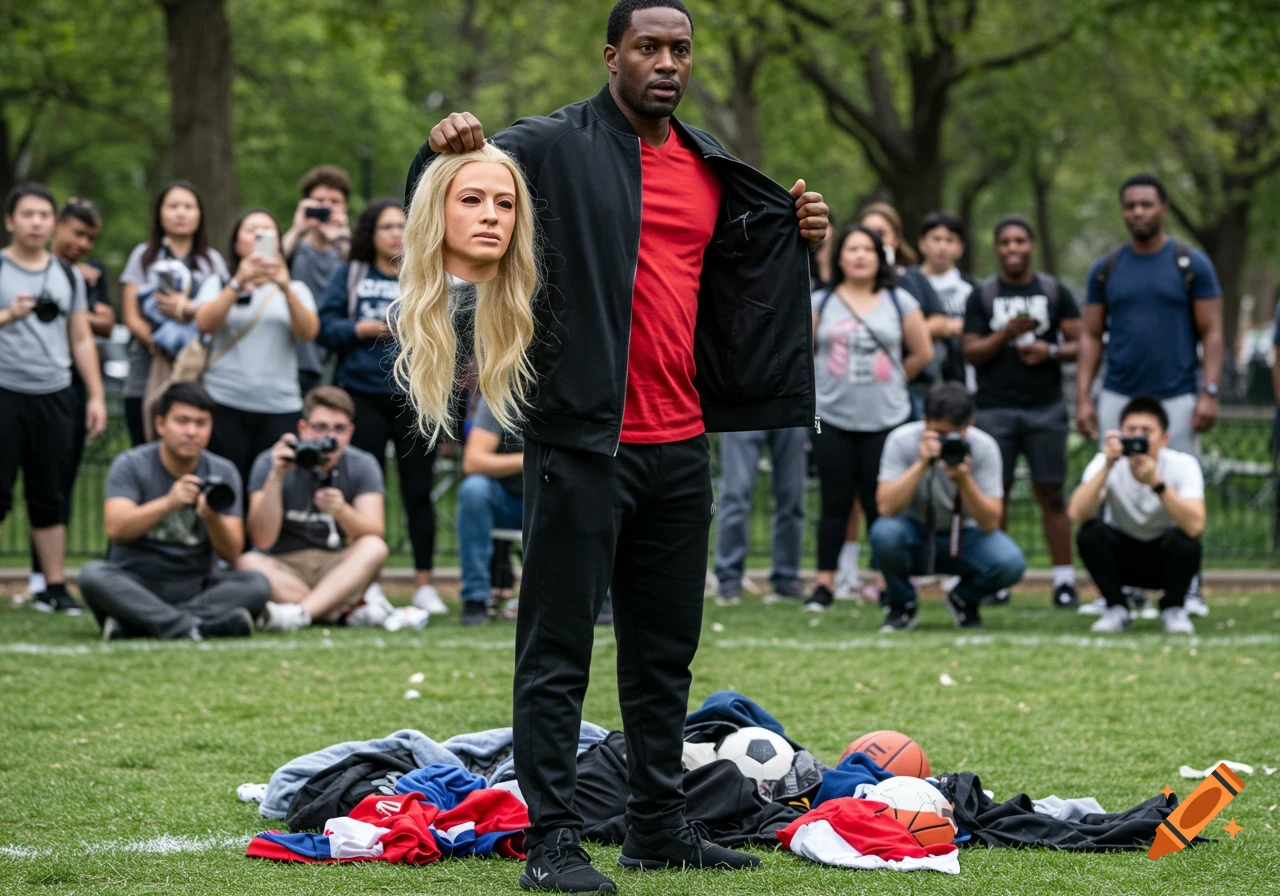An African-American man in a black tracksuit and red shirt holds up a blonde wig and a mask in a grassy park, surrounded by onlookers.
