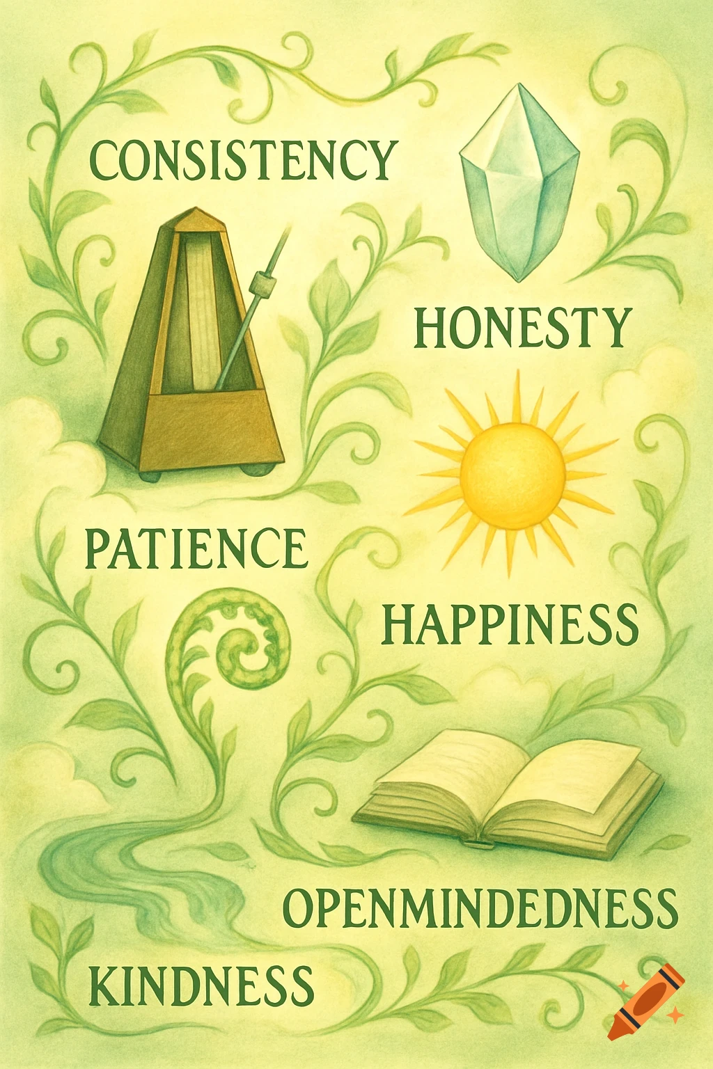 Whimsical illustration of values: consistency (metronome), honesty (crystal), patience (fern), happiness (sun), kindness (river), openmindedness (book).