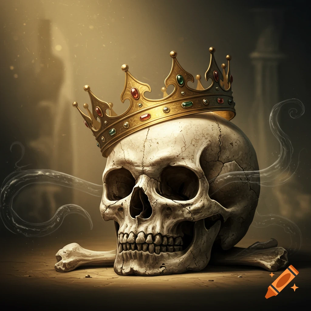 A detailed, illuminated skull wearing a golden crown adorned with jewels, resting on bones with smoke wisps in a dark, atmospheric setting.