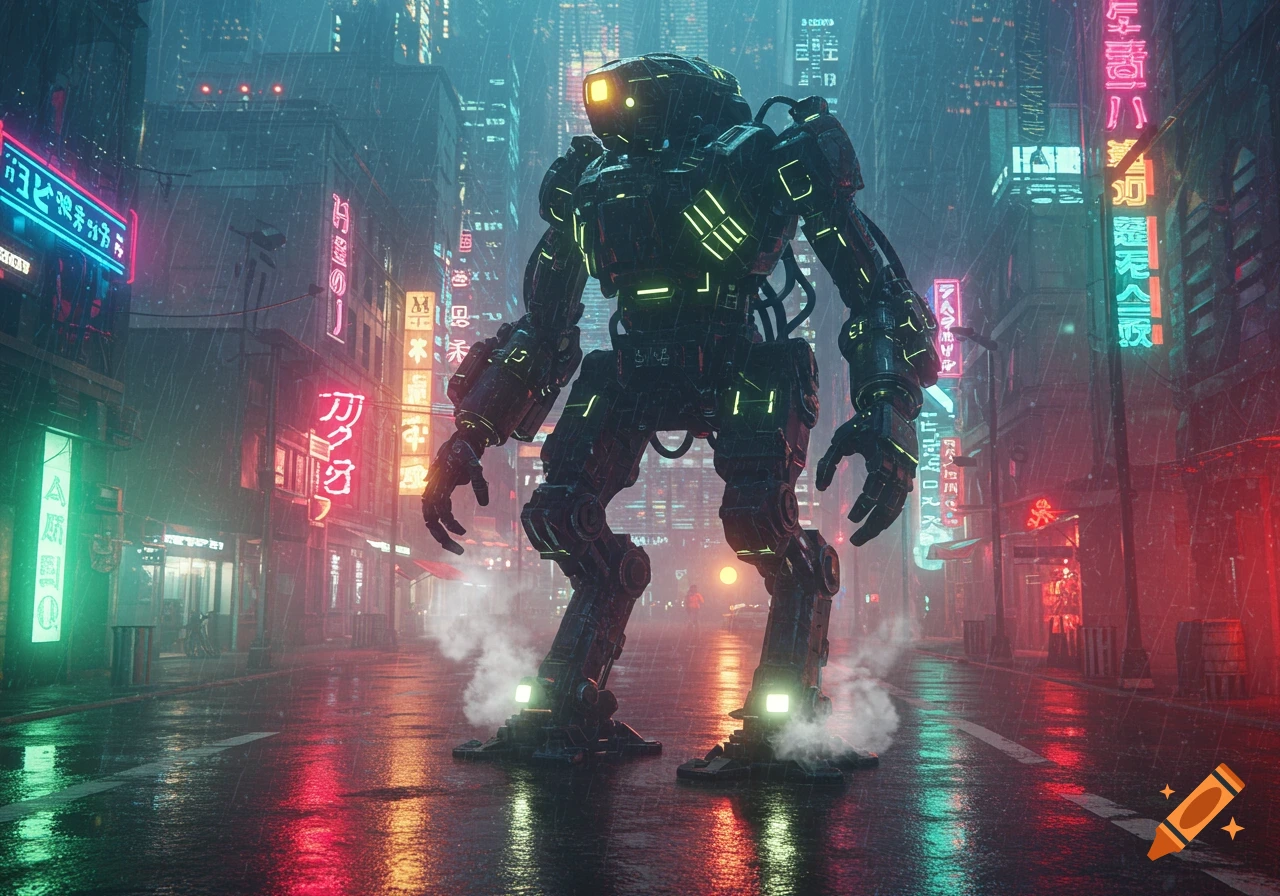 A giant mech robot stands in a rainy cyberpunk city street, surrounded by glowing neon signs and their reflections.