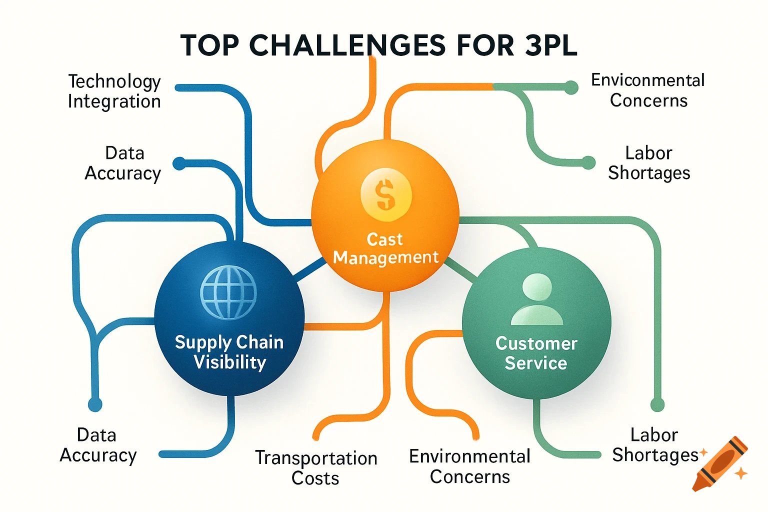 A business infographic titled 'TOP CHALLENGES FOR 3PL' showing interlinked circles for Supply Chain Visibility, Cast Management, and Customer Service, with associated challenges.