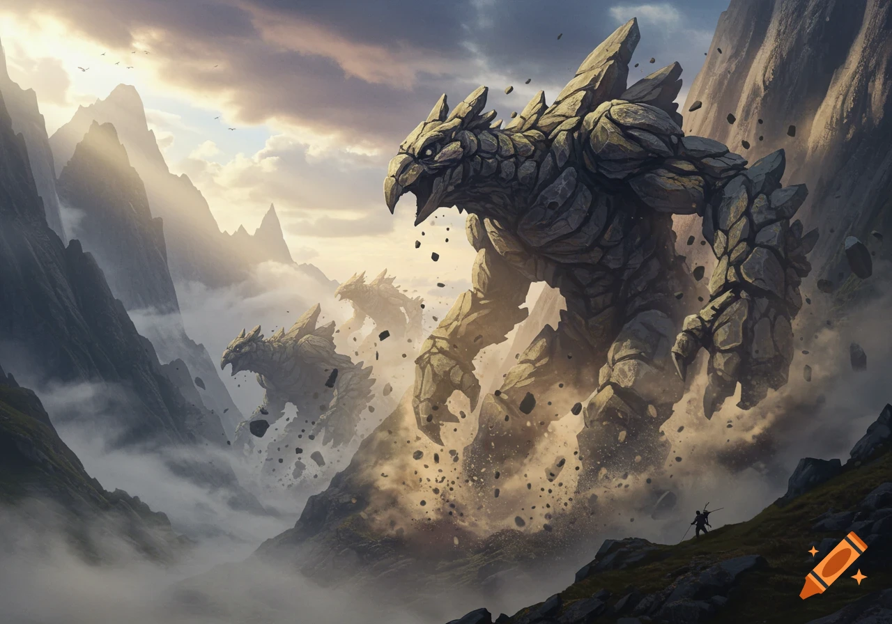 Giant rock monsters, resembling birds, emerge from mist and dust in a dramatic mountain landscape, watched by a small figure.