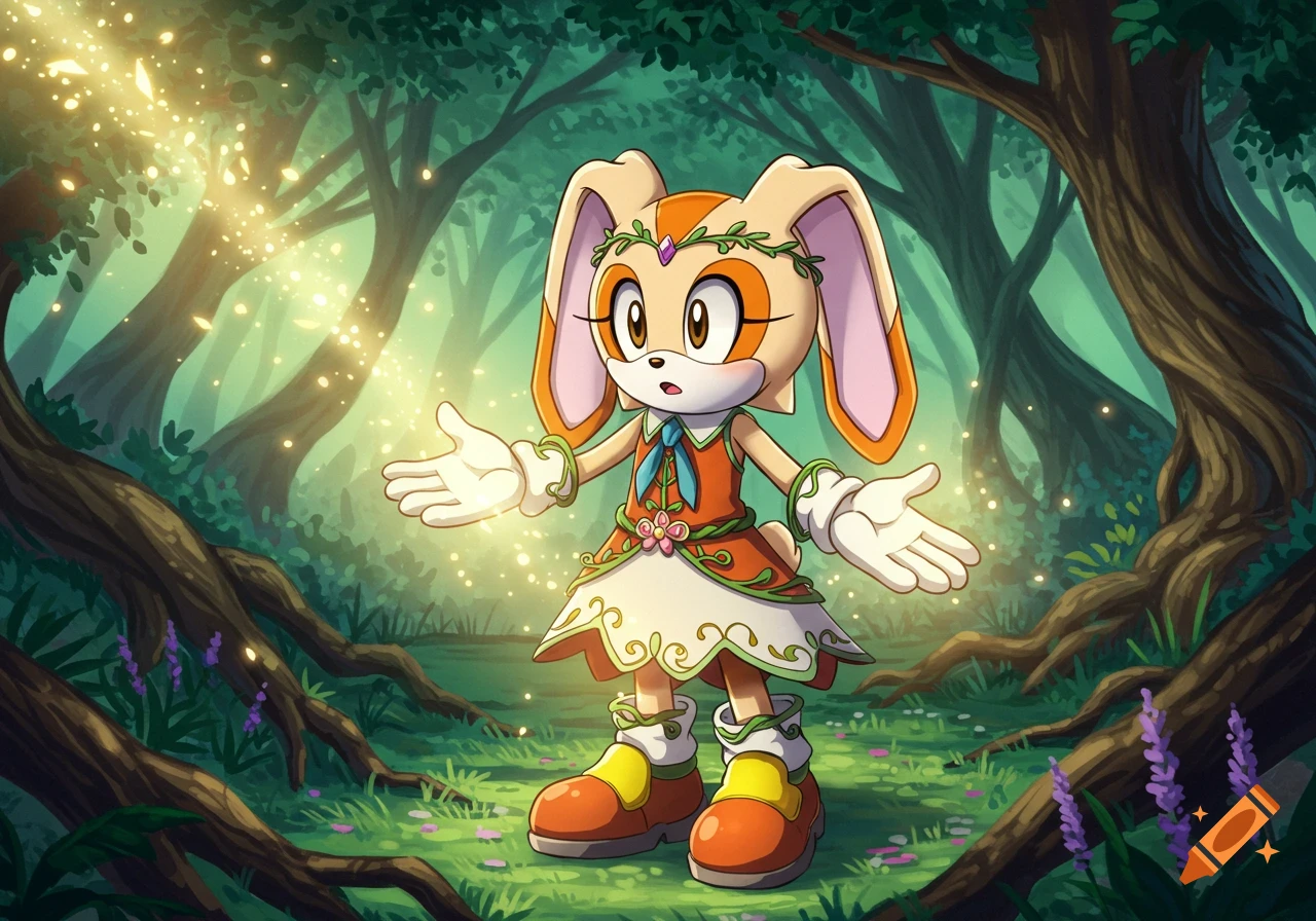 Cream the Rabbit in a nature-themed dress, with a head wreath and glowing hands, stands in a mystical forest with sparkling light.