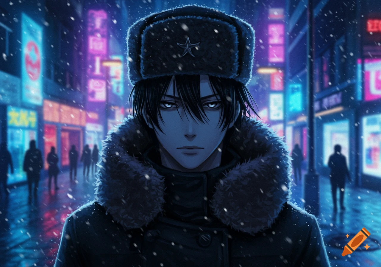 Anime man with black hair, glowing eyes, and a ushanka stands in a snowy, neon-lit city street at night.