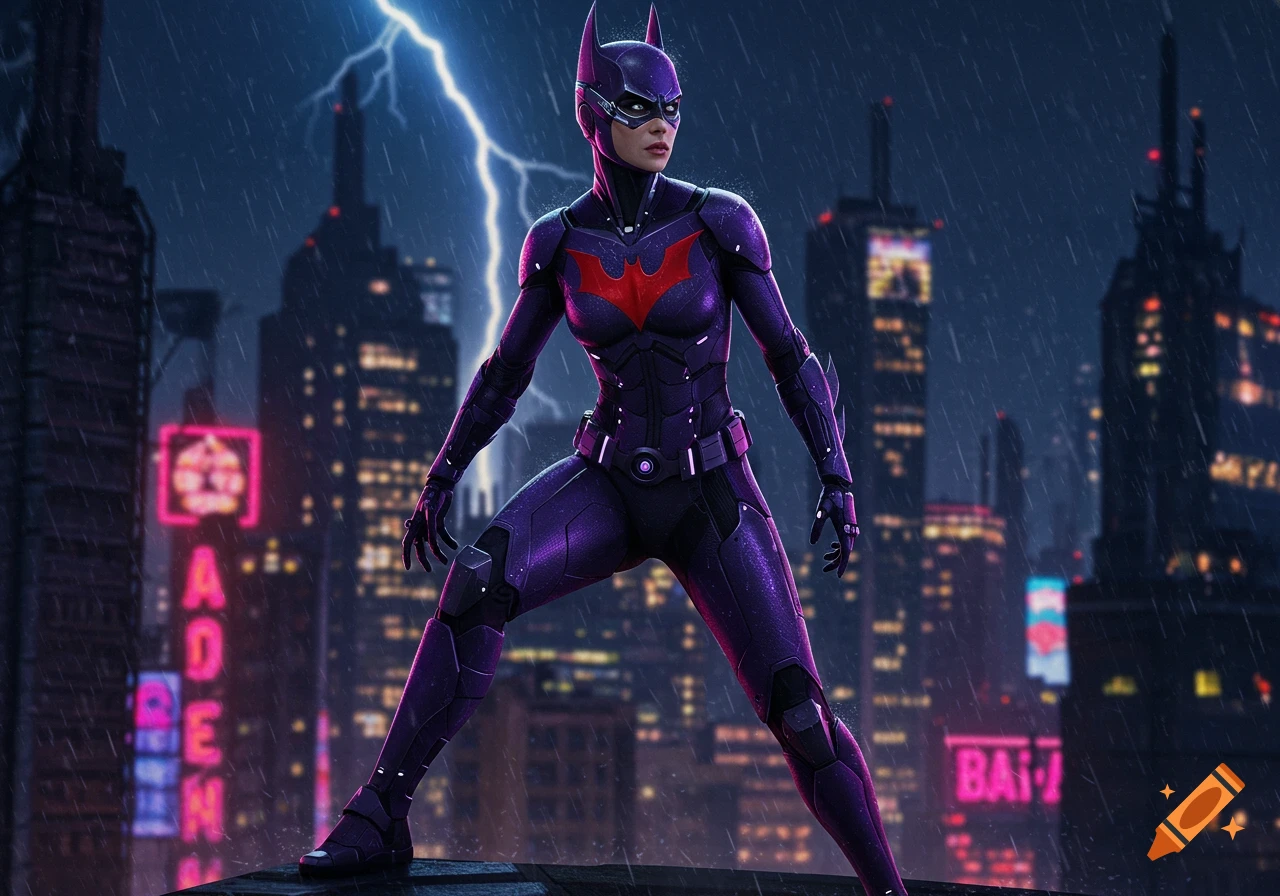 A female superhero in a purple armored Batman Beyond suit stands on a rooftop in a rainy, lightning-filled cyberpunk city.