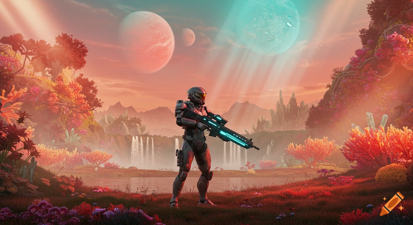 A futuristic soldier stands on a vibrant alien planet with colorful plants, waterfalls, and two large planets in the sky.
