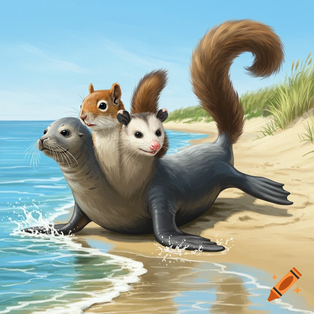 A whimsical hybrid creature with a seal body, squirrel tail, and heads of a seal, squirrel, and opossum on a beach.