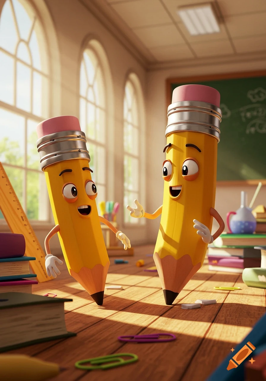 Two animated yellow pencils with smiling faces and arms appear to be talking to each other in a sunny classroom.