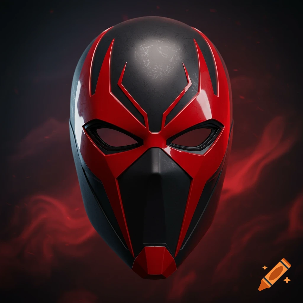 A close-up of a black and red futuristic superhero mask with sharp angles and a textured finish.