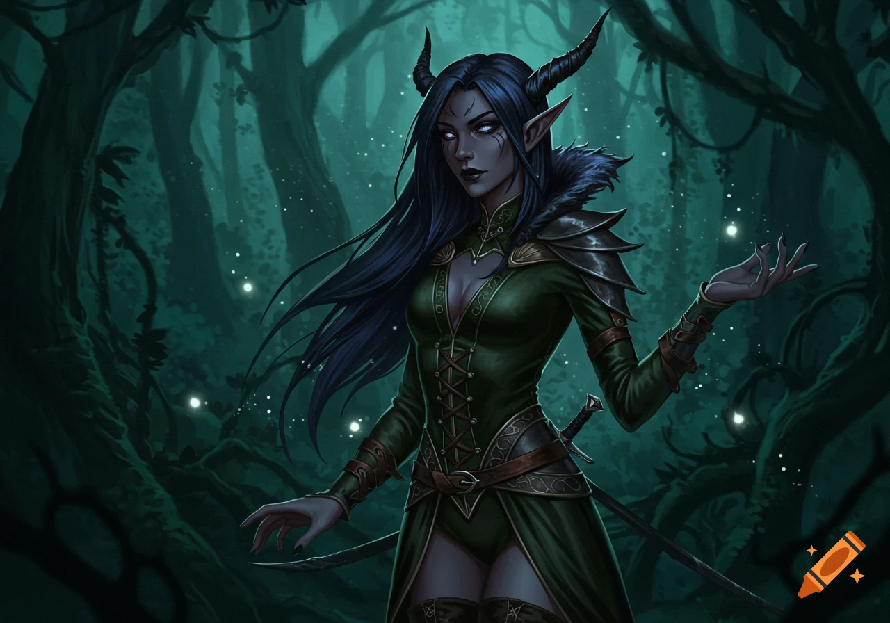 A dark elf woman with horns, long dark hair, and green armor stands in a mystical, dark forest with glowing lights.