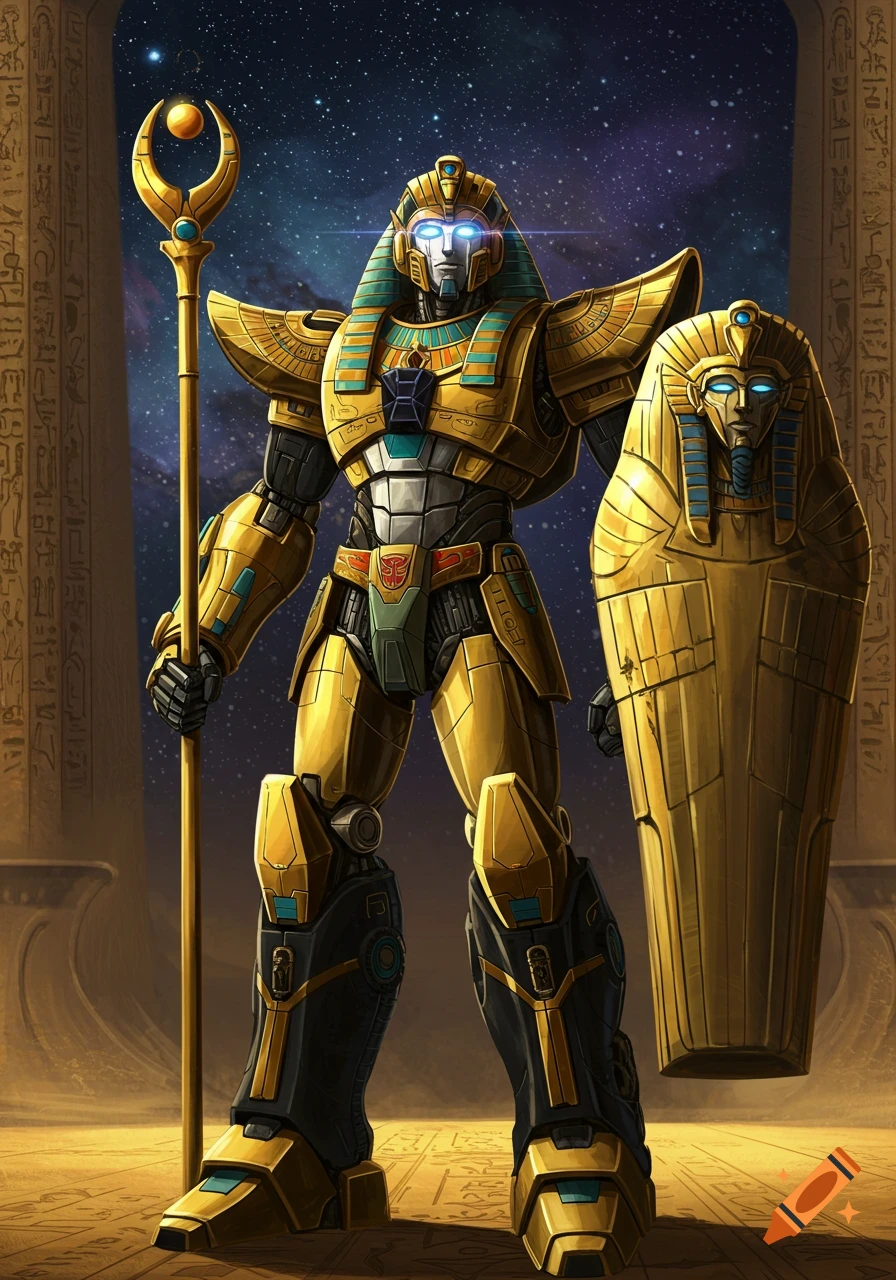 A majestic golden and black robot styled as an Egyptian pharaoh, holding a staff and a sarcophagus shield, against a starry desert background with hieroglyphs.