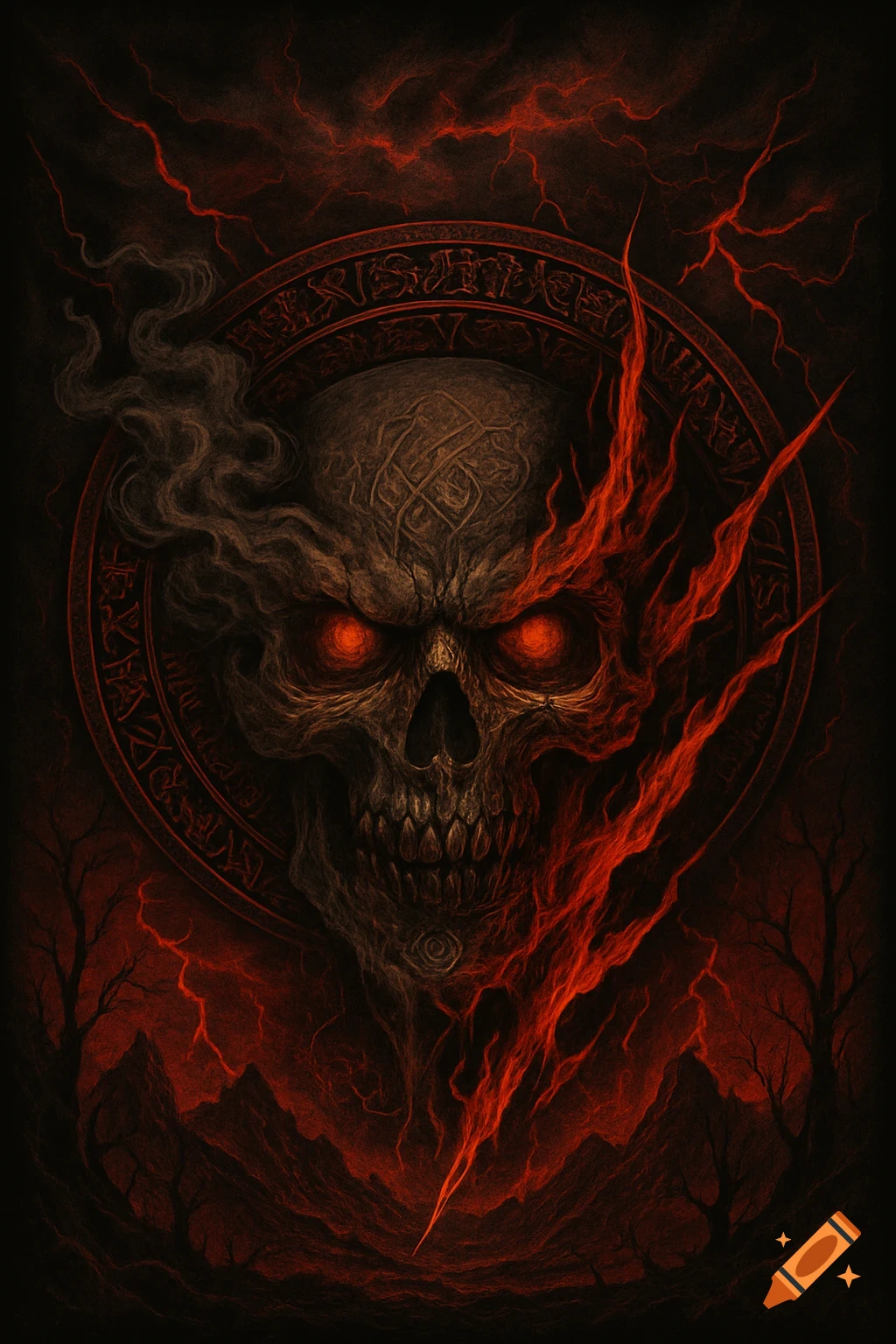 A stylized, dark illustration of a demonic skull with glowing red eyes, surrounded by red lightning and smoke, against a backdrop of barren trees and a circular rune-filled emblem.