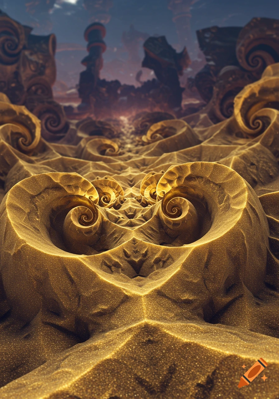 A surreal golden sandy landscape with intricate fractal swirls and dark, ominous structures in the distant background.