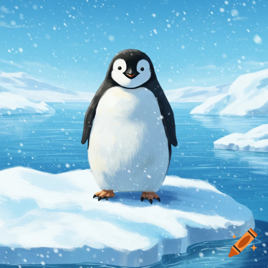 A cute, chubby penguin stands on a small ice floe in a snowy, icy ocean with icebergs in the distance. Illustrated style.