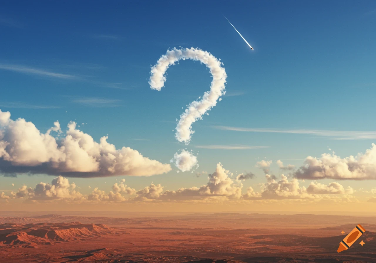 A question mark formed by clouds floats in a blue sky above a desert landscape, as a comet streaks diagonally across the frame.