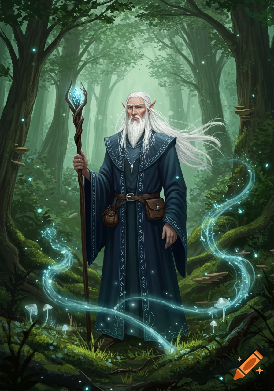 An old elf wizard with long white hair and a beard stands in a mystical forest, holding a glowing staff and surrounded by magical light trails.