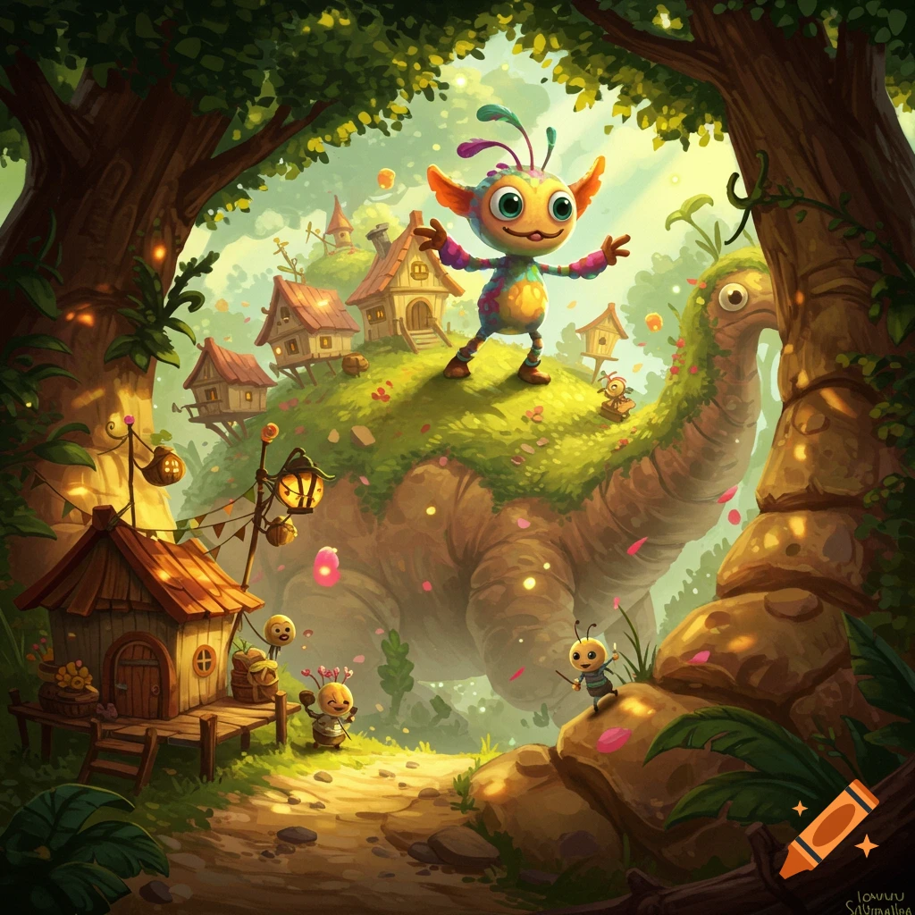 A colorful, whimsical creature stands on a village built on a giant dinosaur's back in a magical forest. Illustrated.