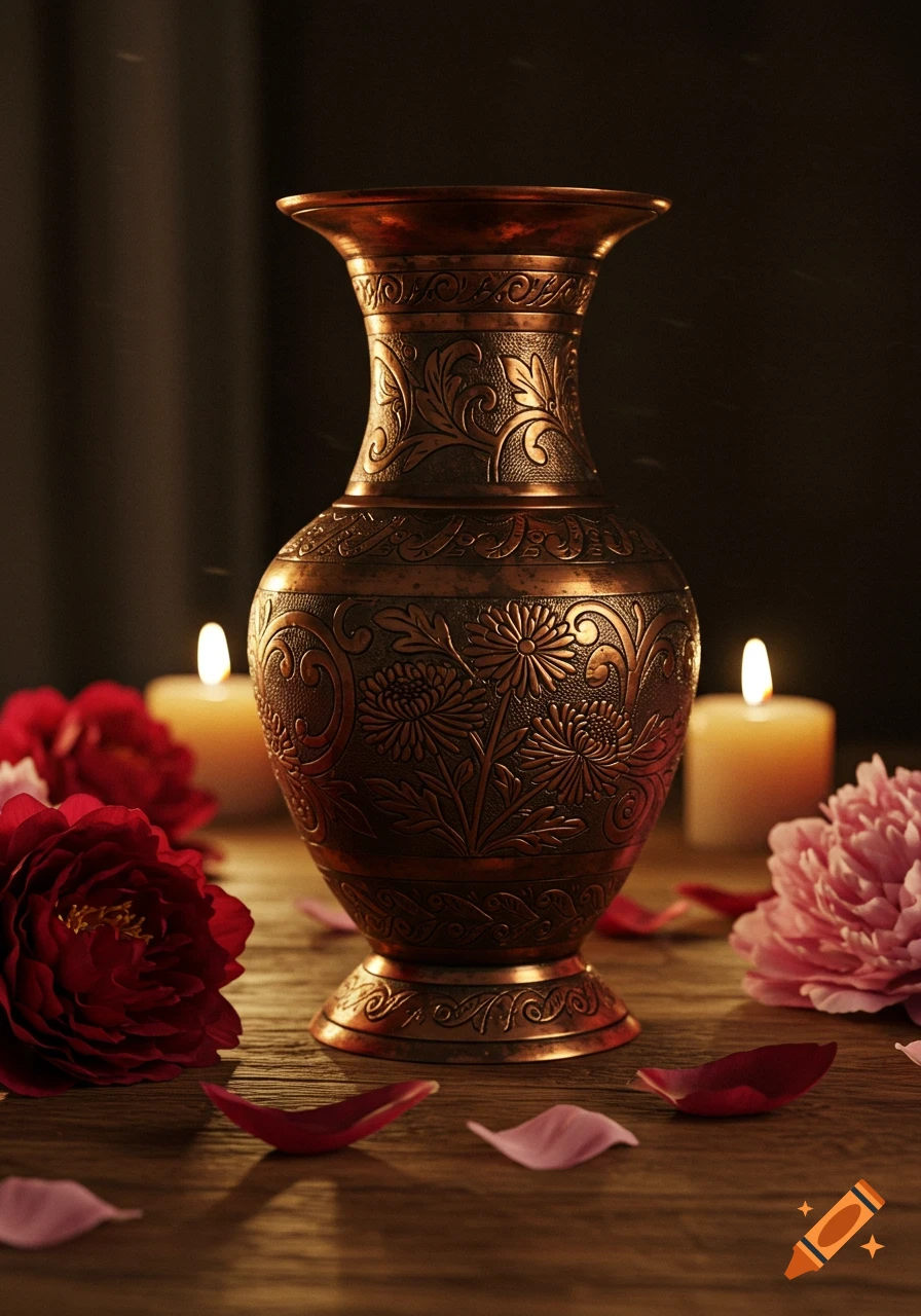 An ornate copper vase with intricate floral patterns sits on a wooden table, flanked by lit candles and red and pink flowers.