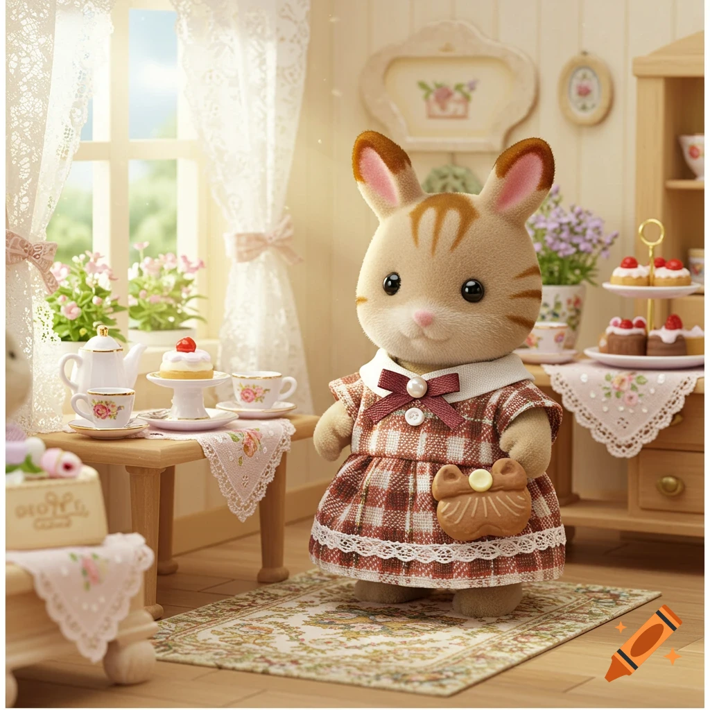 A fuzzy rabbit doll in a plaid dress stands in a cozy room with a tea party setup, miniature cakes, and lace curtains by a window.