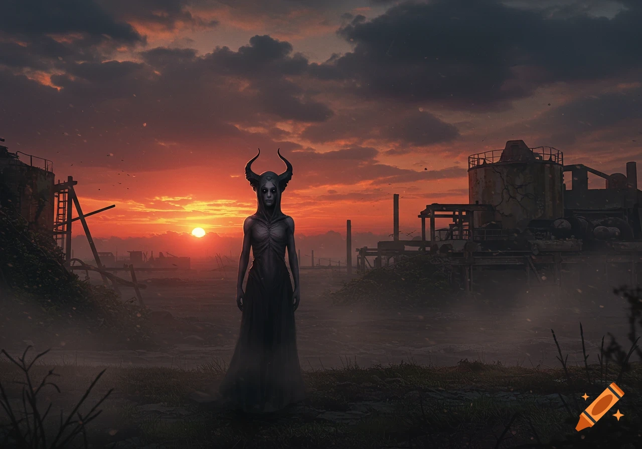A horned demonic figure stands in a desolate industrial wasteland under a fiery sunset, fog swirling around.