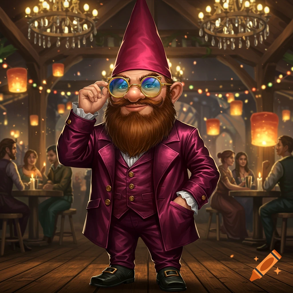 A dapper gnome with a pointy hat, beard, and tinted glasses stands in a warmly lit tavern.