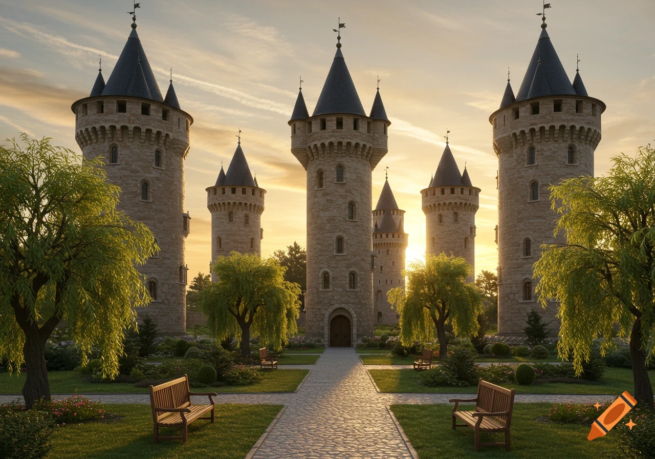 A grand castle complex with multiple tall towers, surrounded by lush gardens, paved walkways, and benches at sunset.