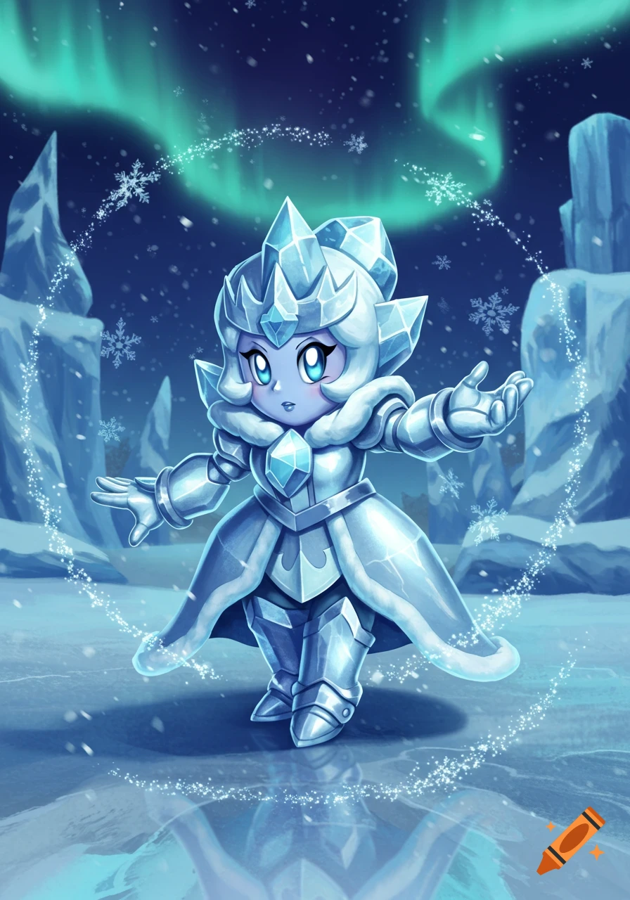 Chibi ice warrior Francisca in crystal armor stands on an icy plain with a magical ring of snow, under aurora borealis.