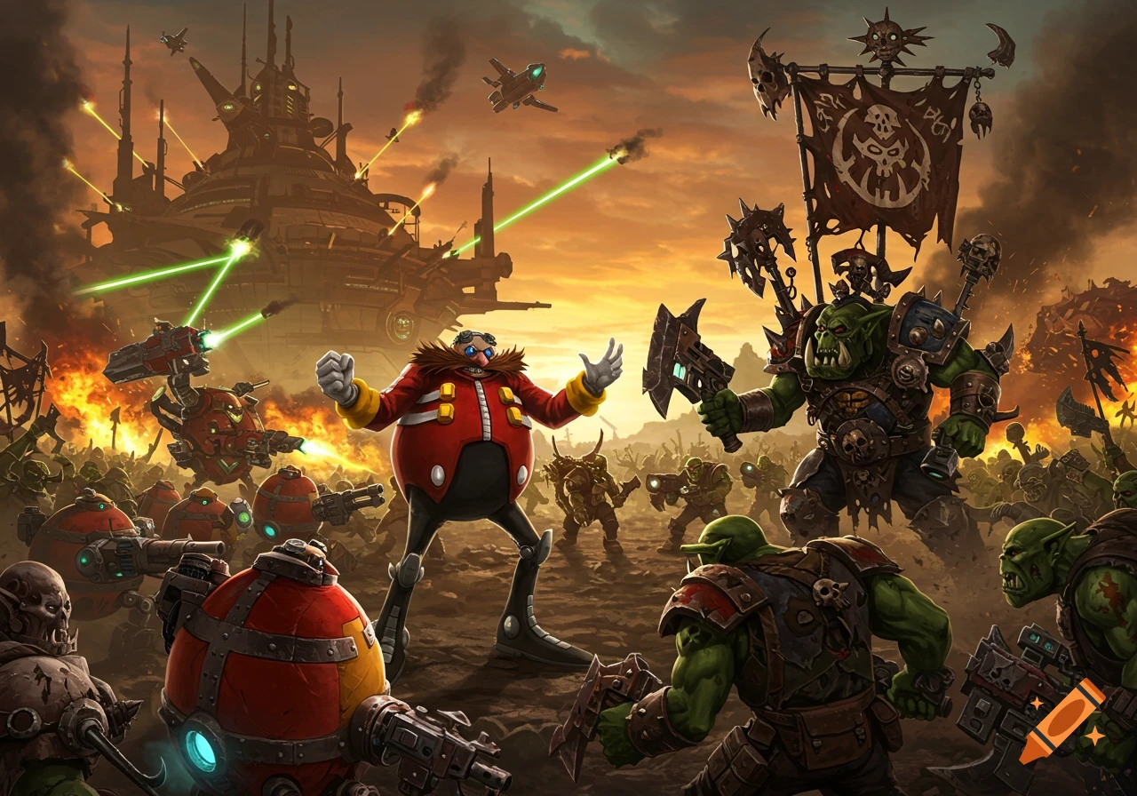 Dr. Eggman and his robots battle a horde of Warhammer 40k Orks on a desolate, fiery battlefield under an orange sky, with a large fortress in the background.