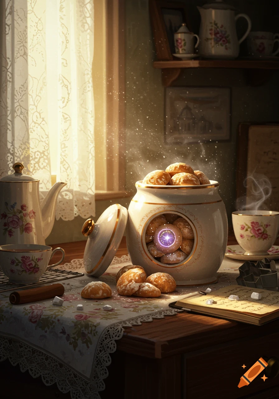 A magical cookie jar with a glowing cookie, tea set, and fresh cookies on a cozy kitchen table.