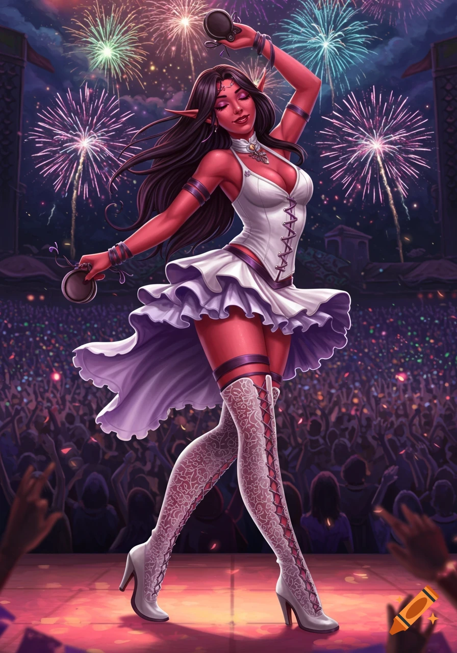 A beautiful dark-skinned elf with long dark hair dances on a stage, playing castanets, with fireworks overhead and a cheering crowd.