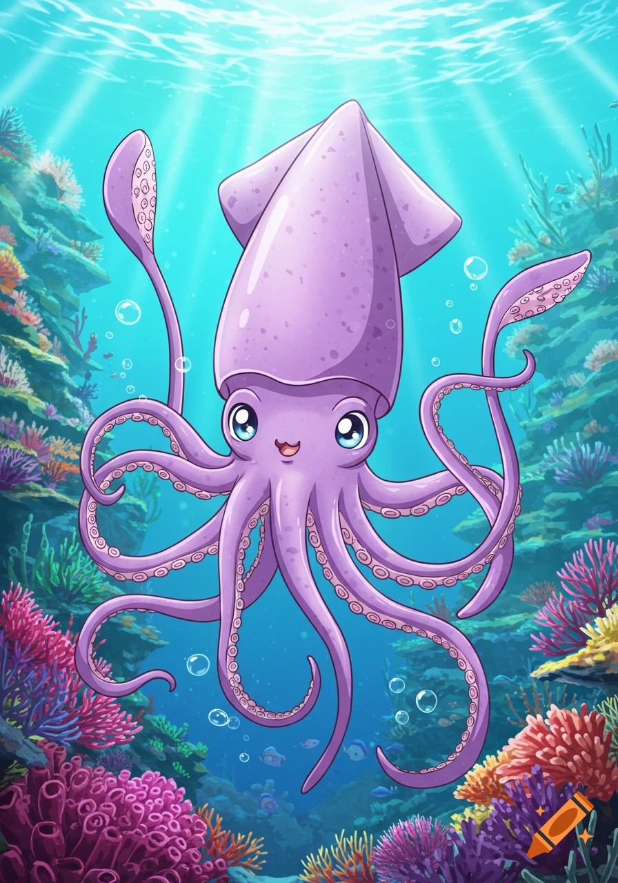 A cute purple anime squid floats in a vibrant coral reef underwater scene with dappled sunlight.