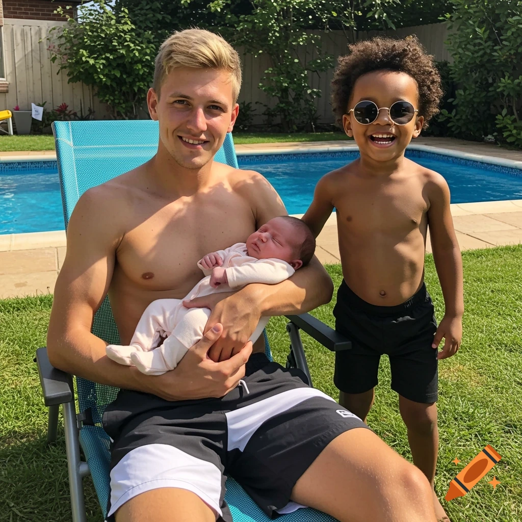 A man holds a sleeping newborn while a young boy in sunglasses smiles beside them in a sunny backyard by a swimming pool.