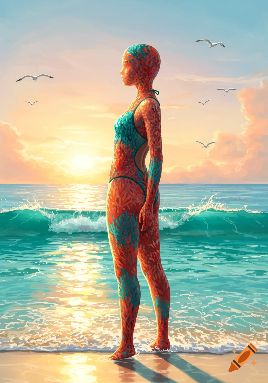Stylized figure with coral skin and a teal swimsuit standing on a beach at sunset, with ocean waves and seagulls.
