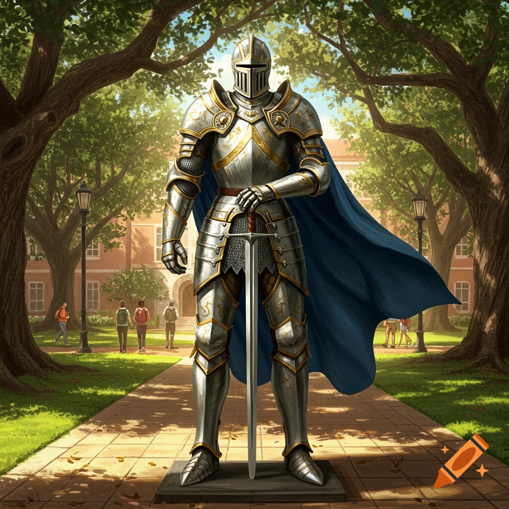 A knight statue in detailed silver and gold armor with a blue cape stands holding a sword on a university campus path.