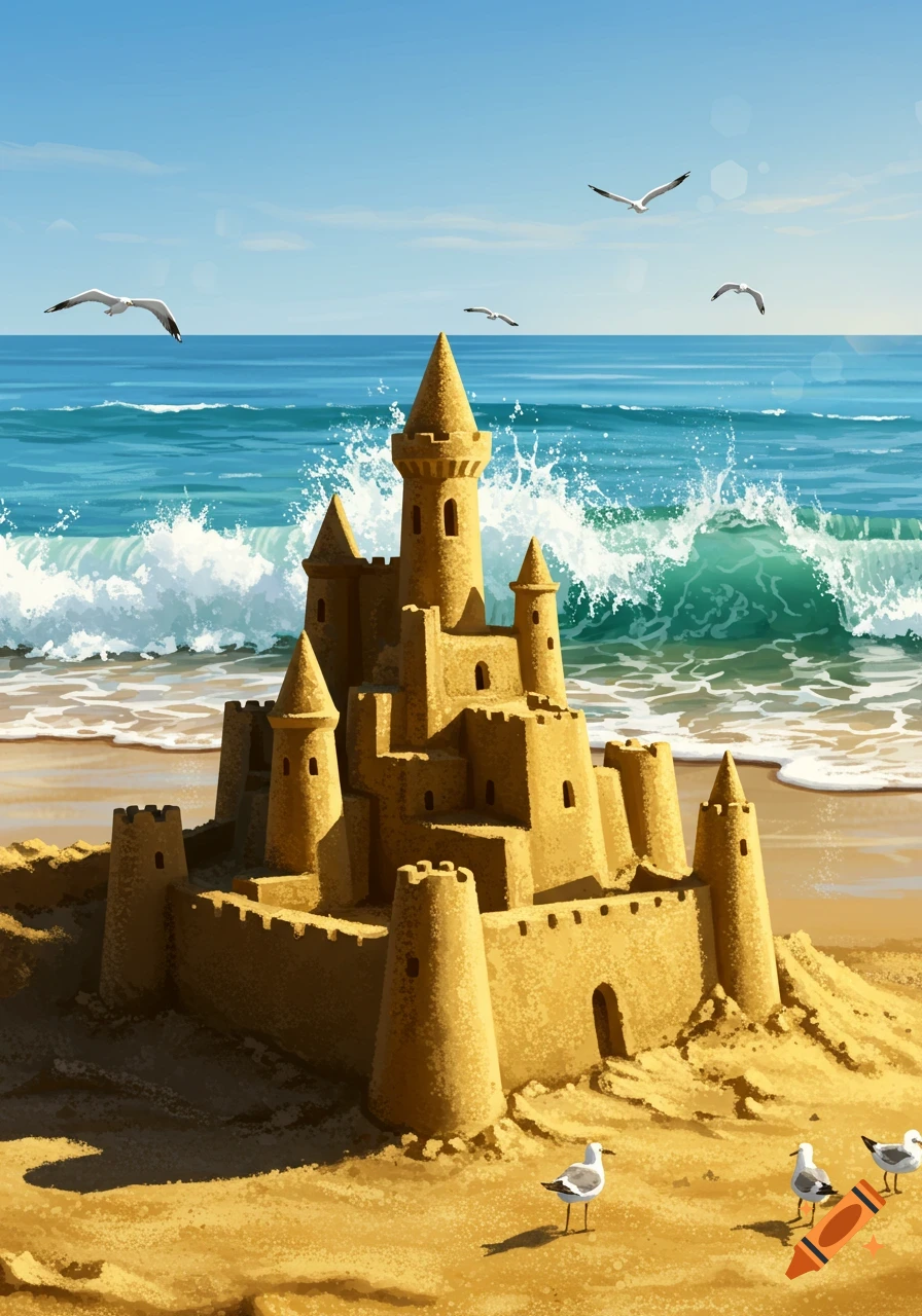 An illustrated sandcastle on a sunny beach with waves crashing and seagulls.