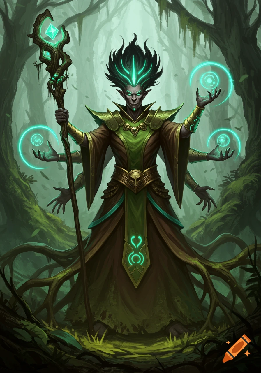 A four-armed dark elf wizard with glowing green eyes and hair, wearing brown and green robes, casts magic in a mossy forest.