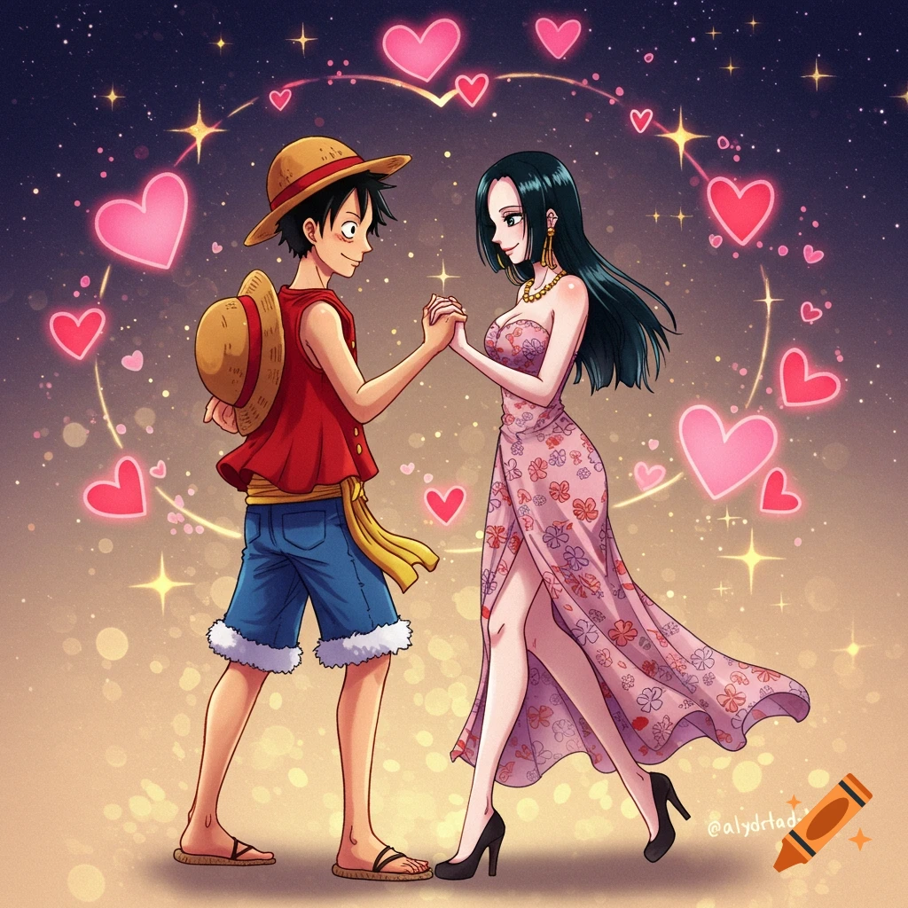 Anime characters Luffy and Boa Hancock from One Piece slow dancing, holding hands, surrounded by pink hearts and stars in a romantic night sky.