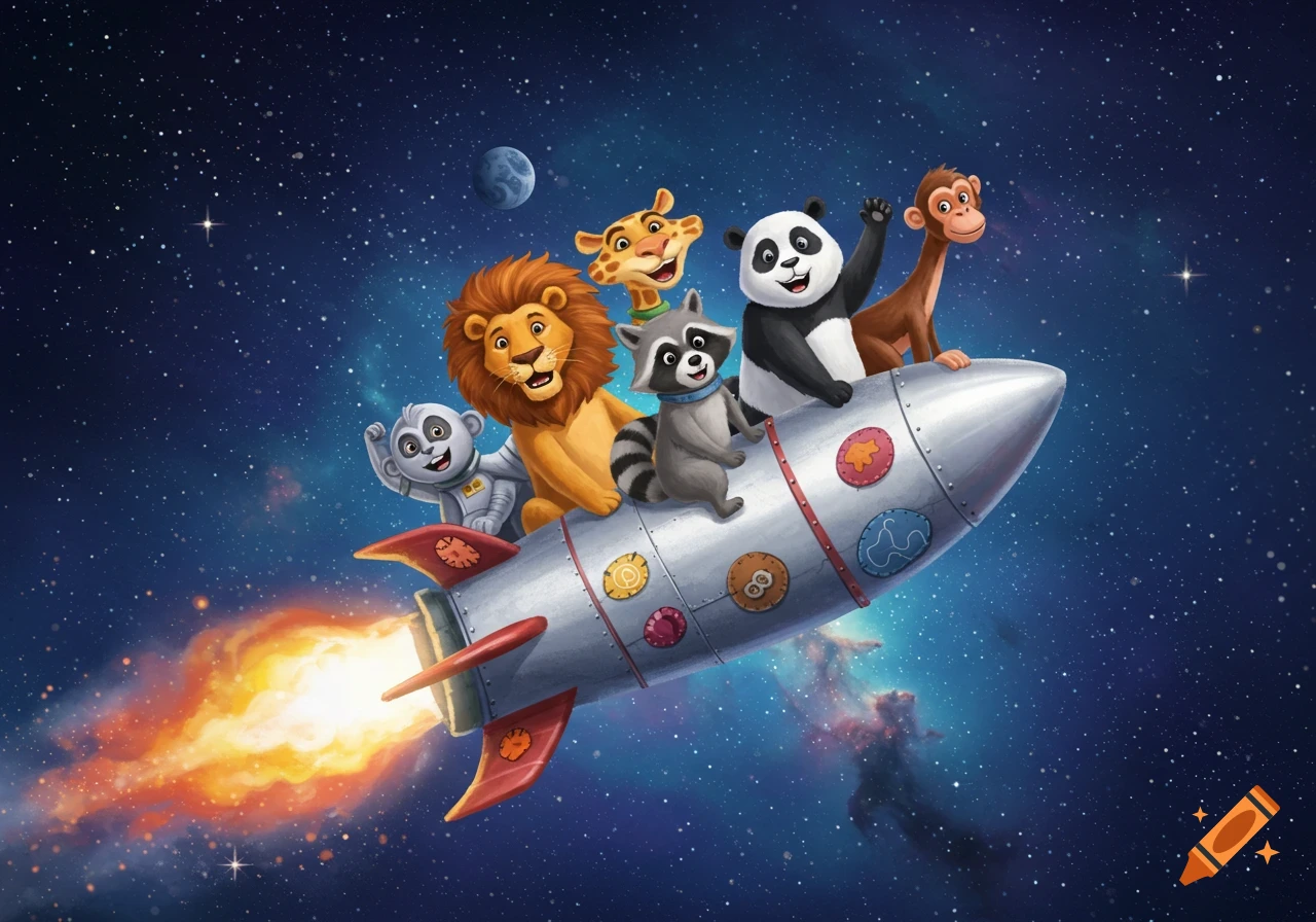 Six cheerful cartoon animals including a lion, panda, and raccoon, ride a rocket with fiery exhaust through a starry space.