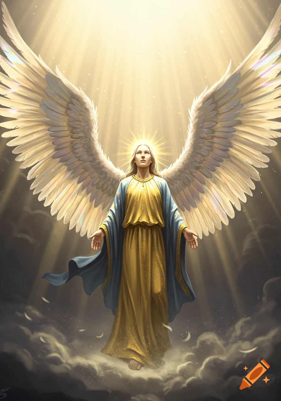 A majestic angel with large white wings and a golden halo stands on clouds, bathed in bright divine light from above.
