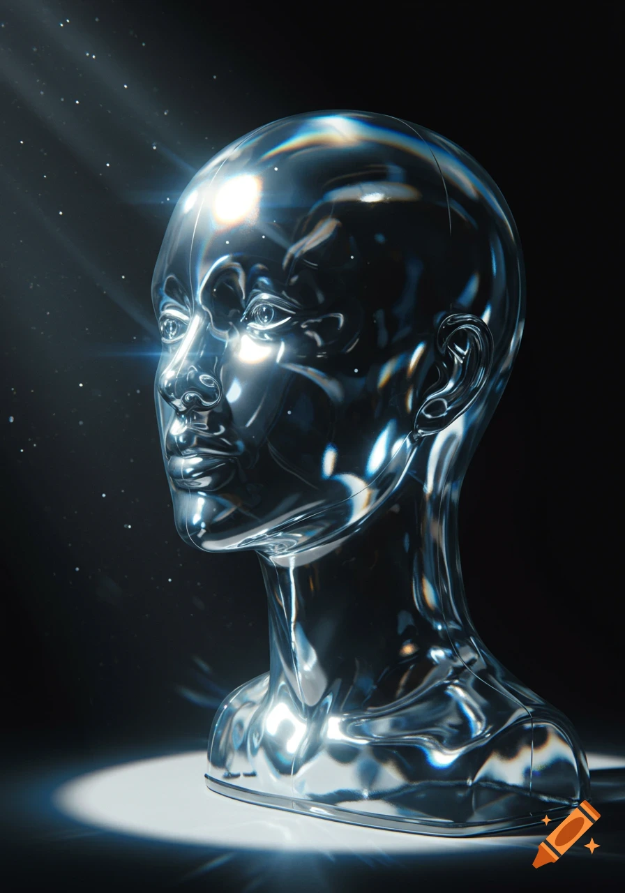 A detailed, glossy, clear glass mannequin head in 3/4 profile, with bright light rays shining from above against a dark background.