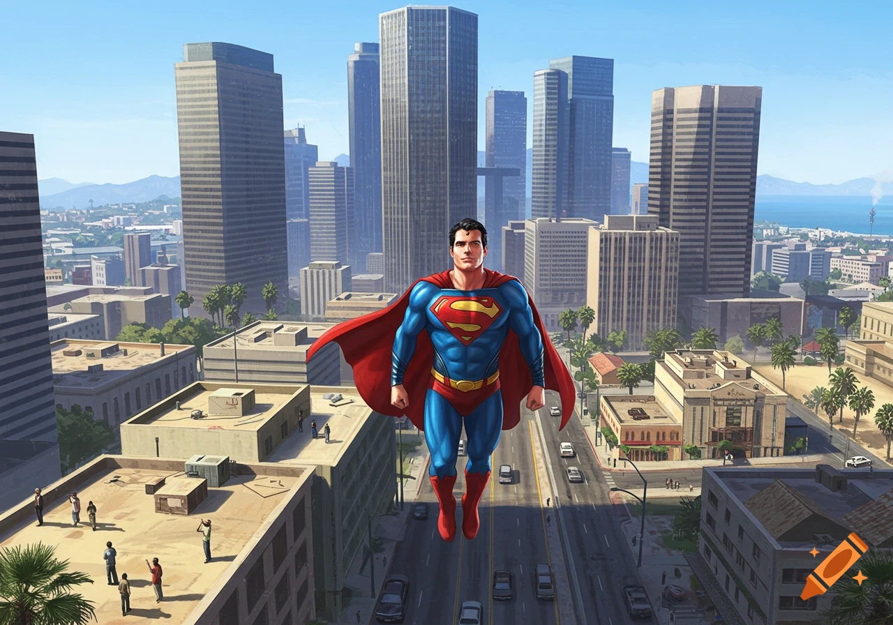 Superman flies high above a bustling city, observed by people on rooftops, with skyscrapers and cars below.
