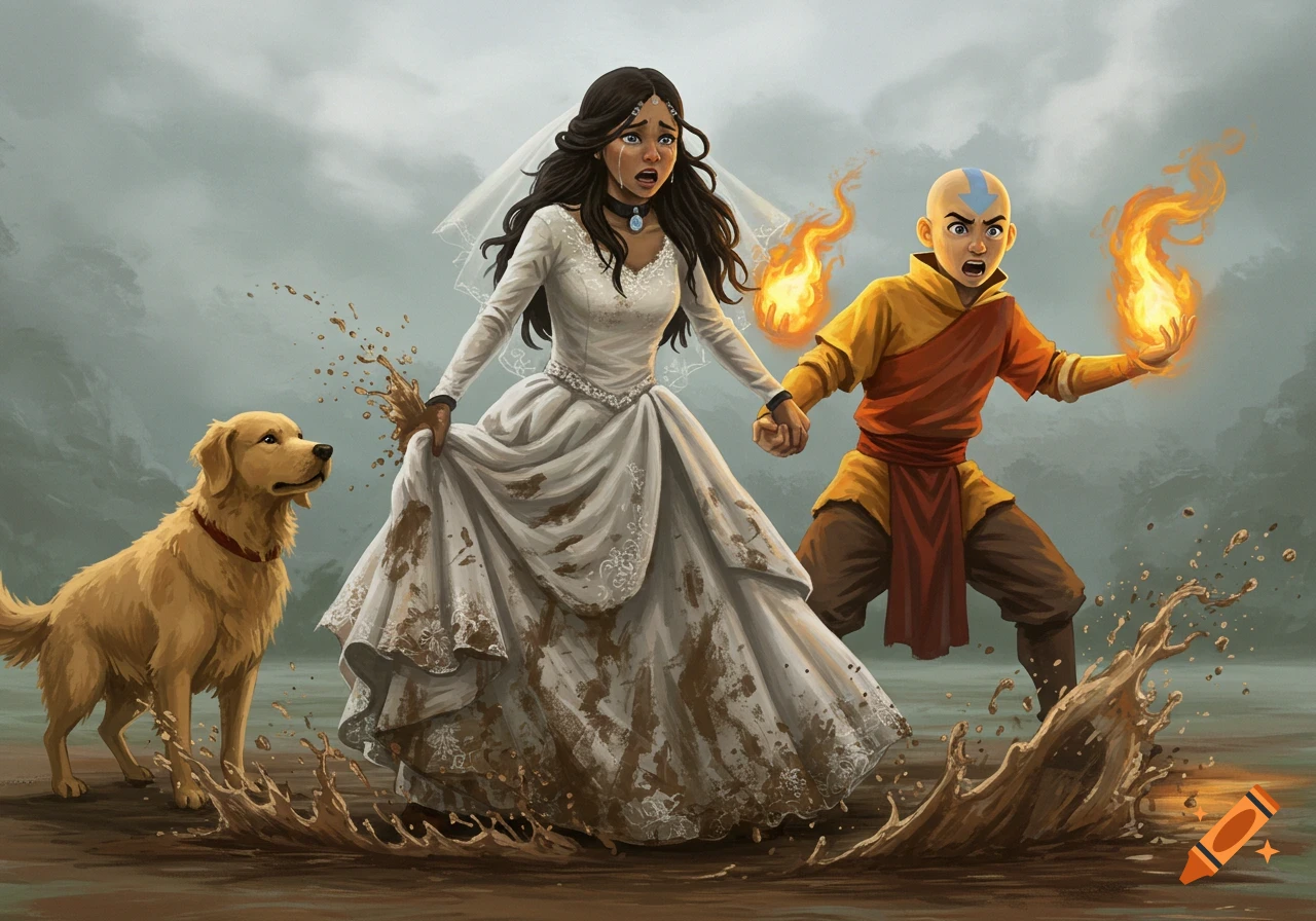 Crying Katara in muddy wedding dress holds hands with angry firebending Aang, threatening a Golden Retriever that splashed her dress.